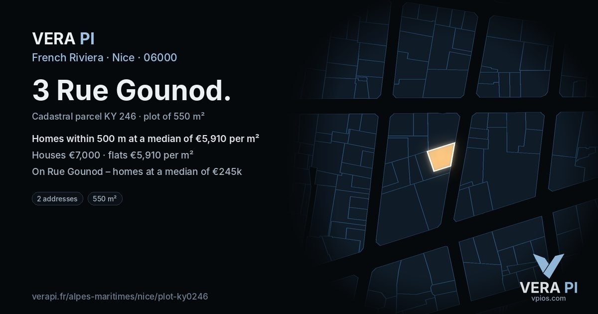 3 Rue Gounod, Nice at night – the plot lit, the parcels around coloured by the prices near them