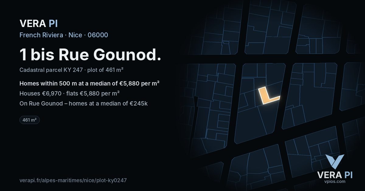 1 bis Rue Gounod, Nice at night – the plot lit, the parcels around coloured by the prices near them