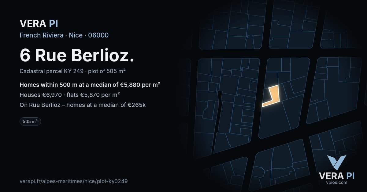 6 Rue Berlioz, Nice at night – the plot lit, the parcels around coloured by the prices near them