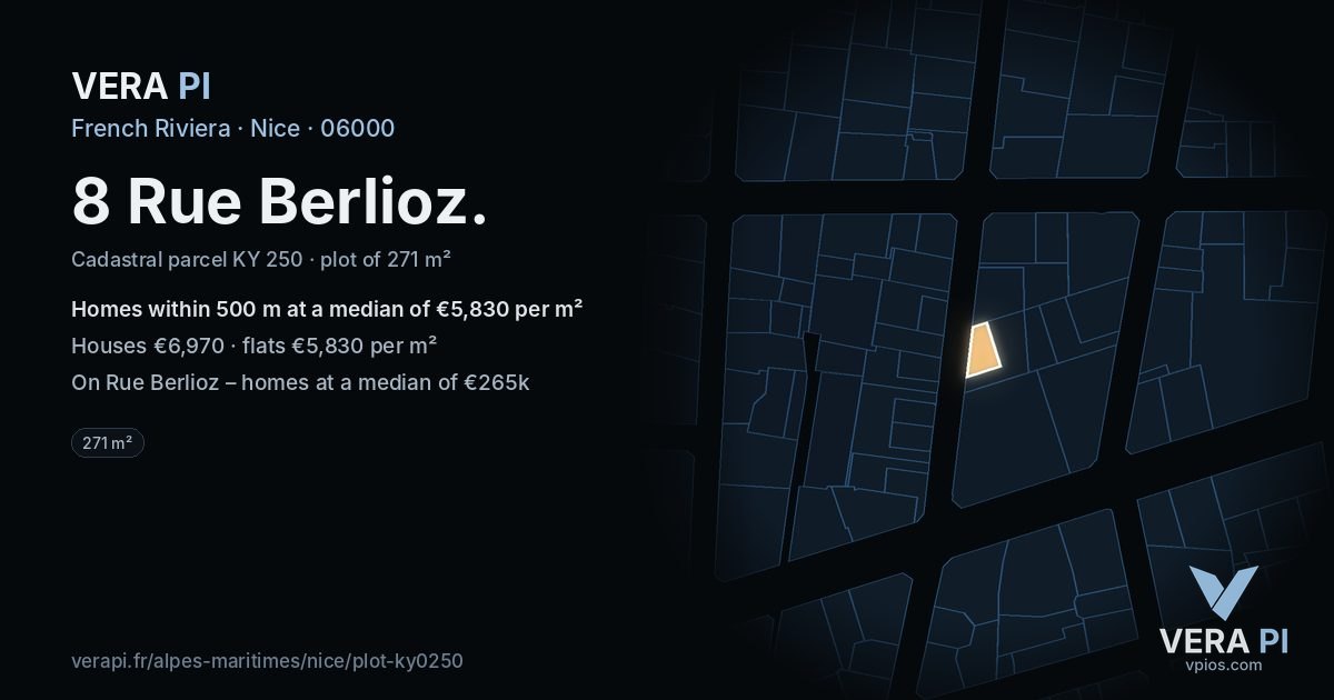 8 Rue Berlioz, Nice at night – the plot lit, the parcels around coloured by the prices near them