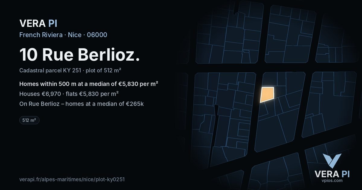 10 Rue Berlioz, Nice at night – the plot lit, the parcels around coloured by the prices near them
