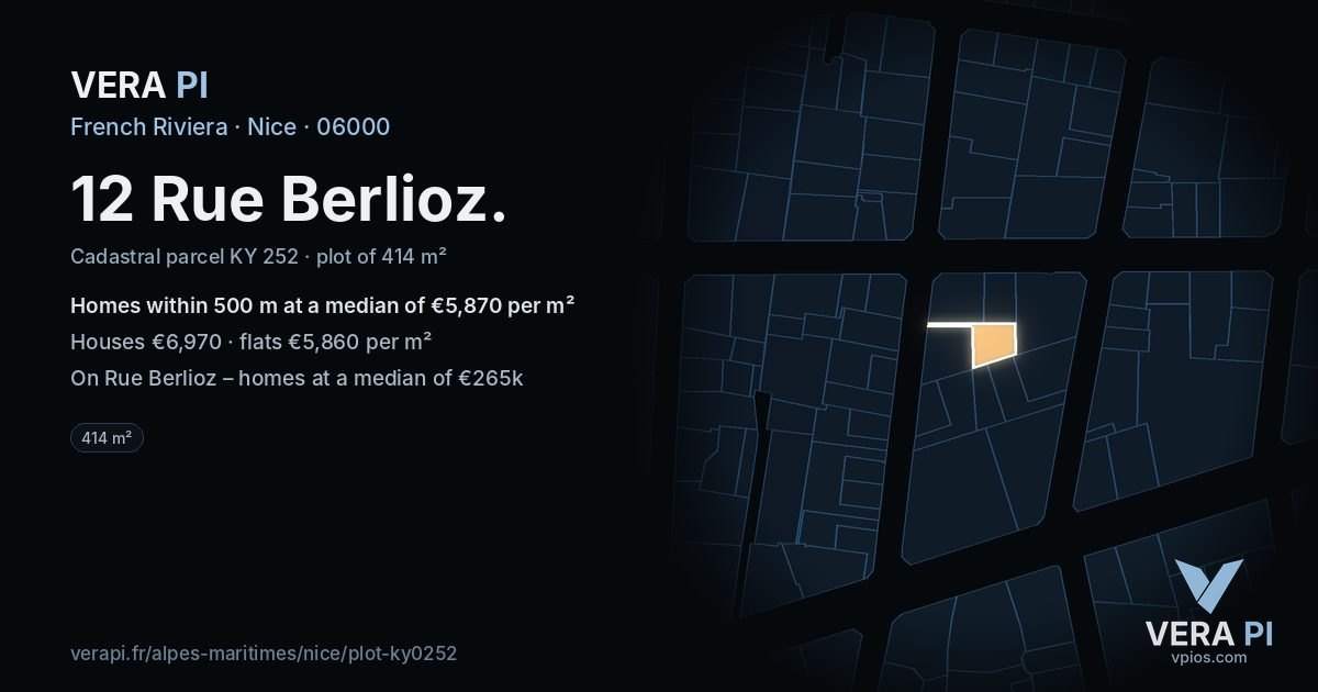 12 Rue Berlioz, Nice at night – the plot lit, the parcels around coloured by the prices near them