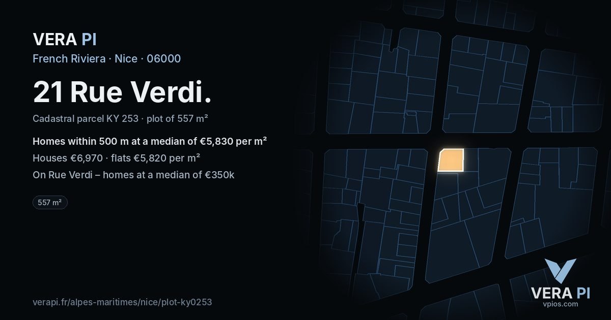 21 Rue Verdi, Nice at night – the plot lit, the parcels around coloured by the prices near them