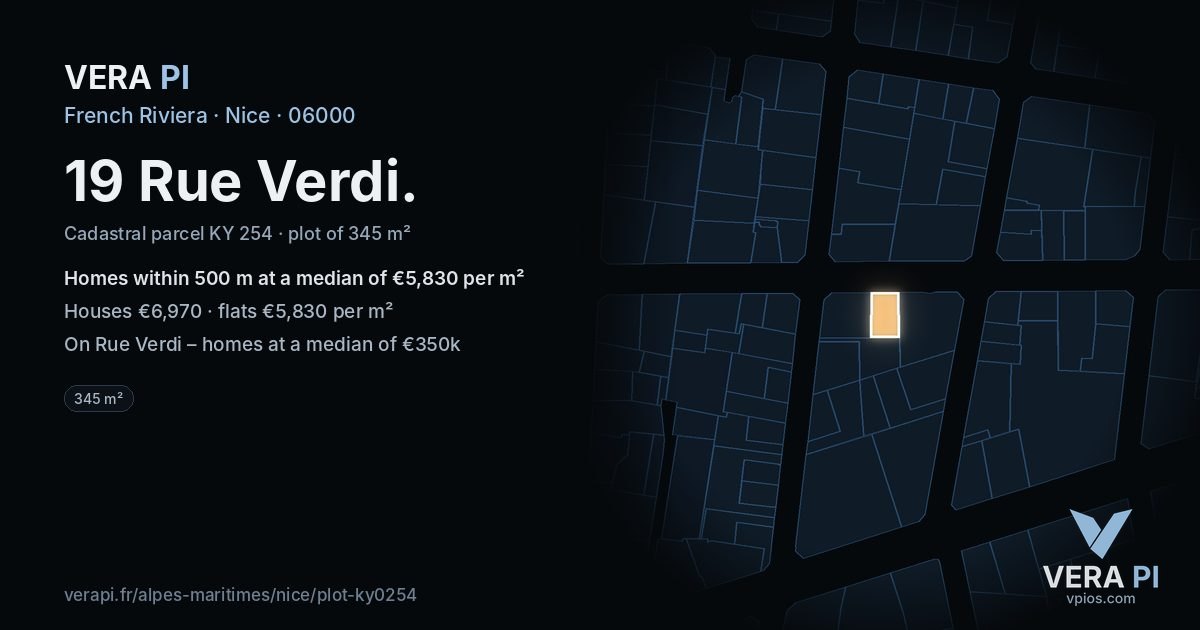 19 Rue Verdi, Nice at night – the plot lit, the parcels around coloured by the prices near them