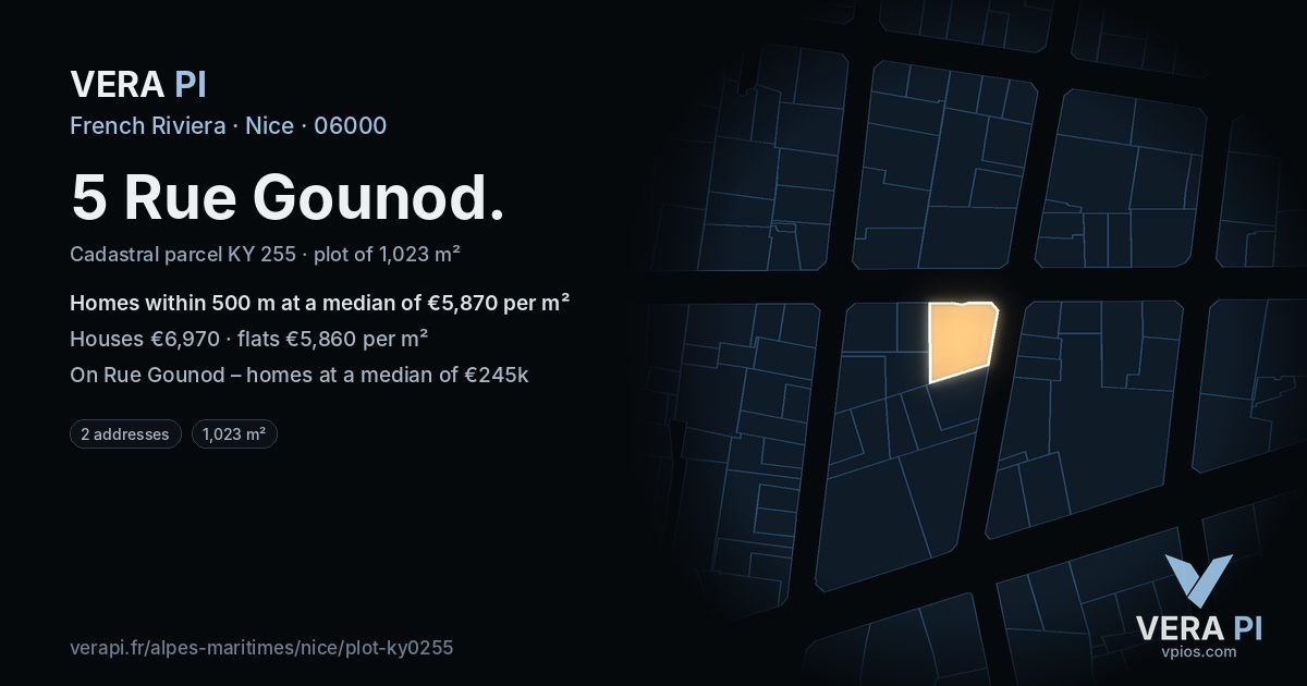 5 Rue Gounod, Nice at night – the plot lit, the parcels around coloured by the prices near them