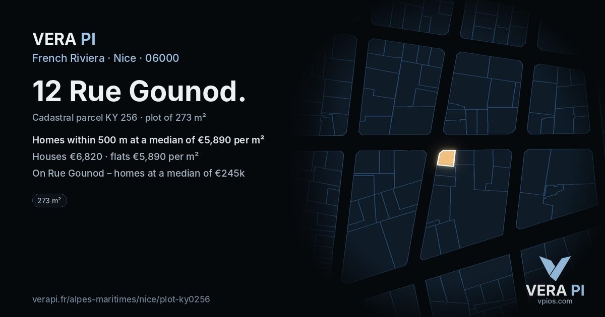 12 Rue Gounod, Nice at night – the plot lit, the parcels around coloured by the prices near them