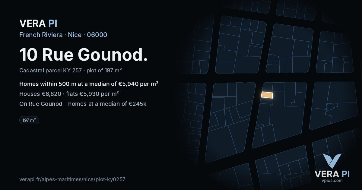 10 Rue Gounod, Nice at night – the plot lit, the parcels around coloured by the prices near them