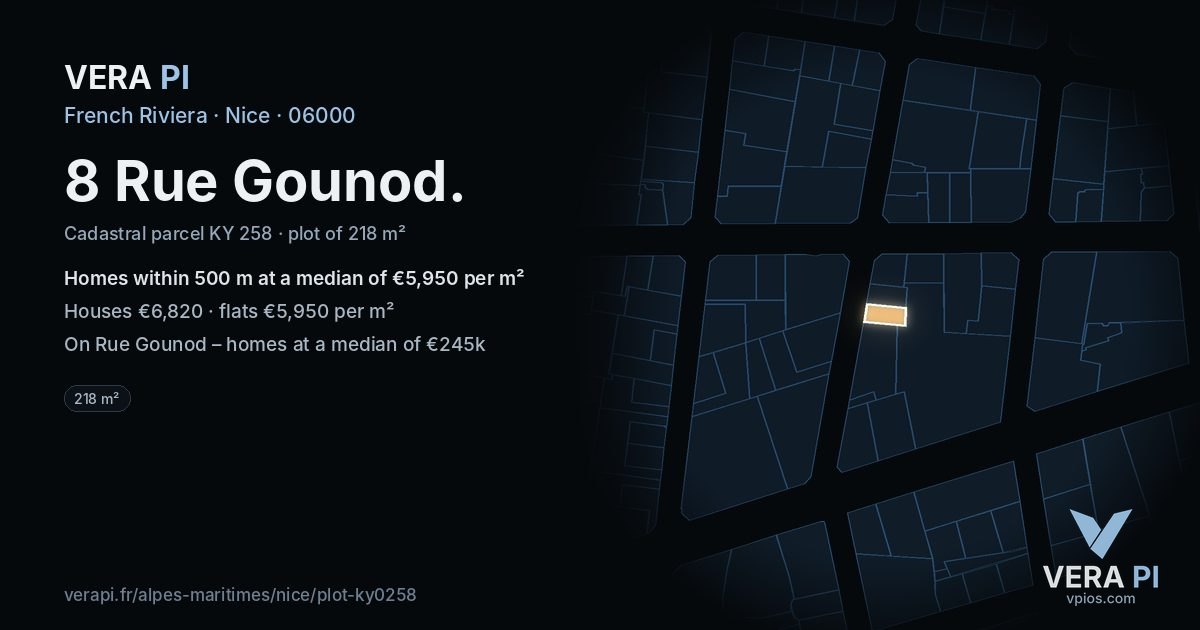 8 Rue Gounod, Nice at night – the plot lit, the parcels around coloured by the prices near them