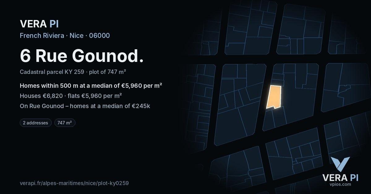 6 Rue Gounod, Nice at night – the plot lit, the parcels around coloured by the prices near them