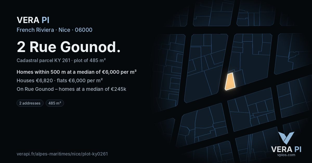 2 Rue Gounod, Nice at night – the plot lit, the parcels around coloured by the prices near them