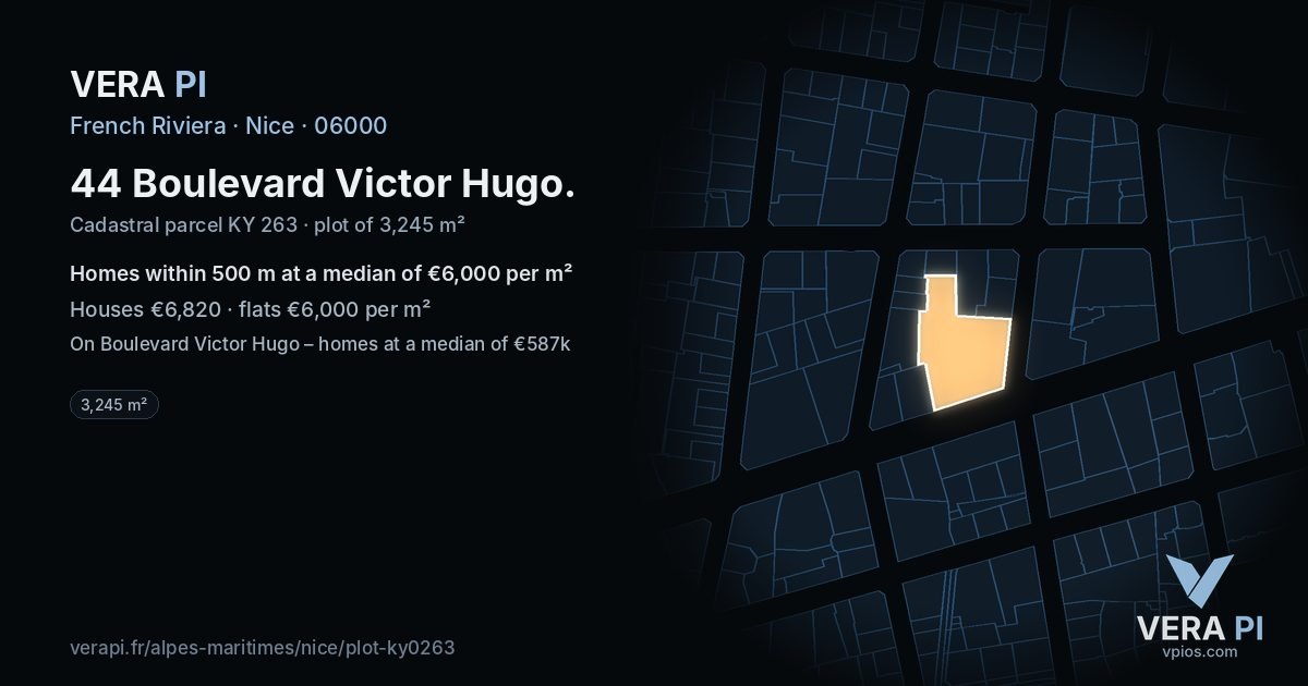44 Boulevard Victor Hugo, Nice at night – the plot lit, the parcels around coloured by the prices near them