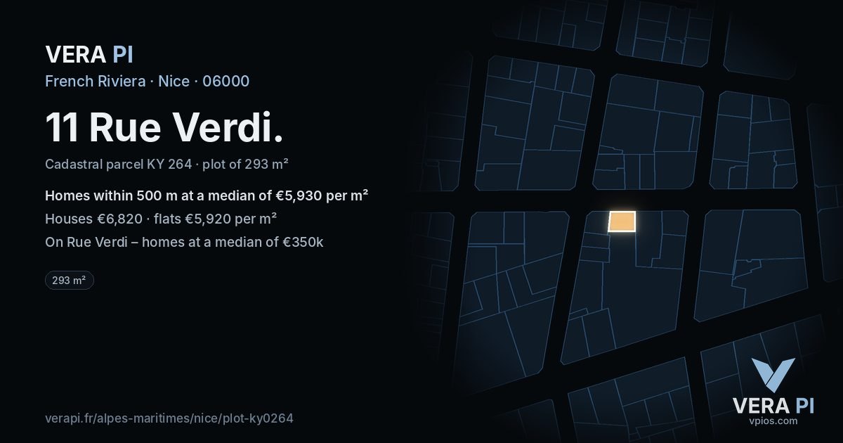11 Rue Verdi, Nice at night – the plot lit, the parcels around coloured by the prices near them