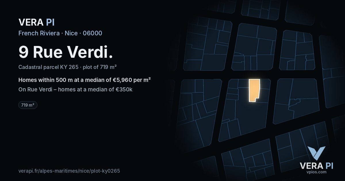 9 Rue Verdi, Nice at night – the plot lit, the parcels around coloured by the prices near them