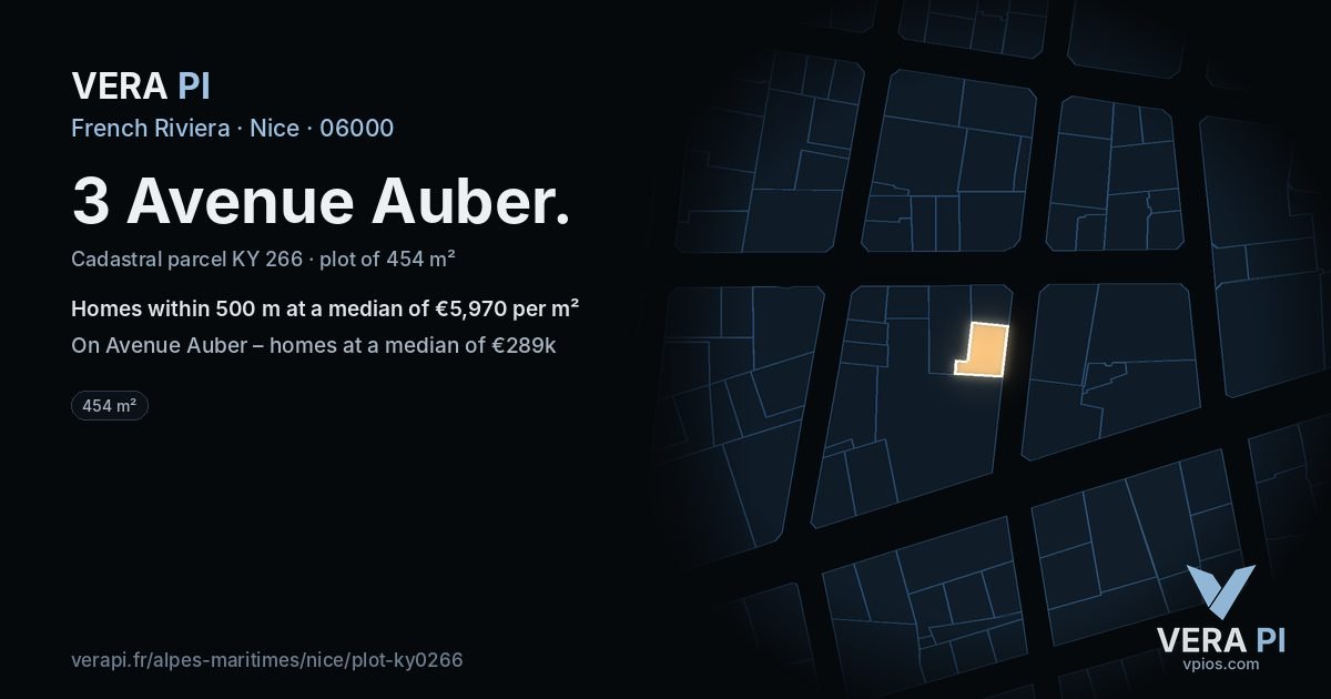 3 Avenue Auber, Nice at night – the plot lit, the parcels around coloured by the prices near them