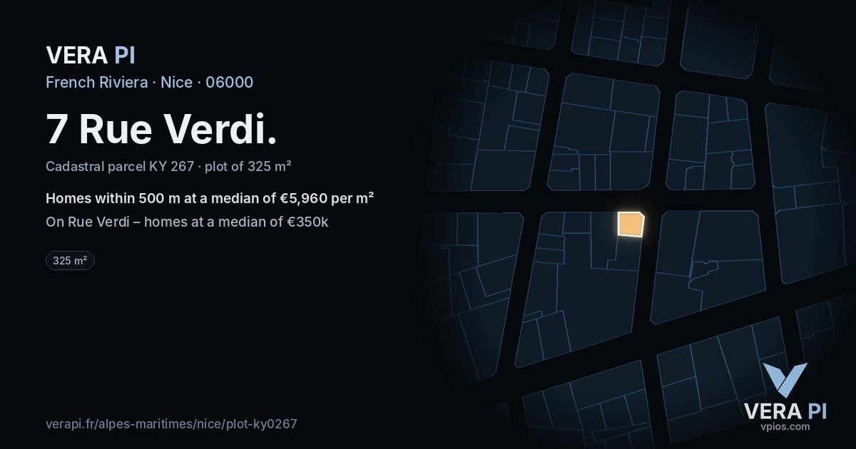 7 Rue Verdi, Nice at night – the plot lit, the parcels around coloured by the prices near them