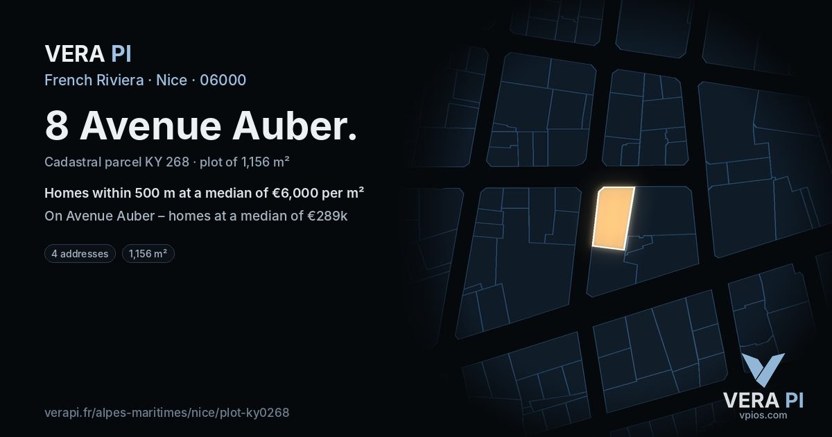 8 Avenue Auber, Nice at night – the plot lit, the parcels around coloured by the prices near them