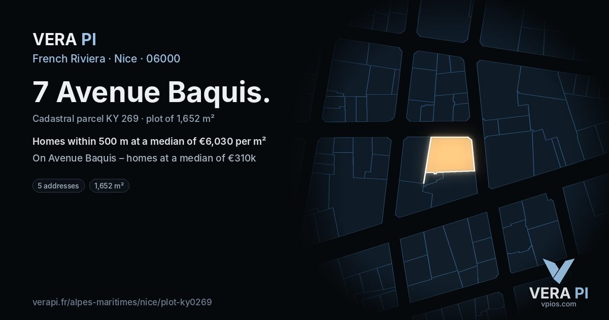 7 Avenue Baquis, Nice at night – the plot lit, the parcels around coloured by the prices near them