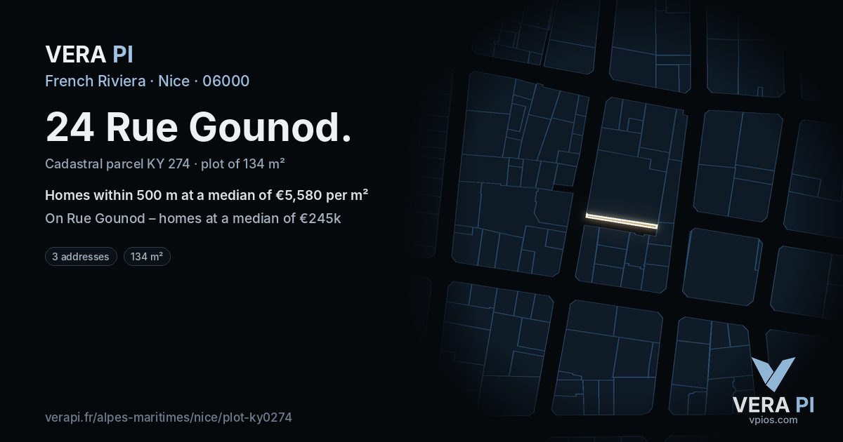 24 Rue Gounod, Nice at night – the plot lit, the parcels around coloured by the prices near them