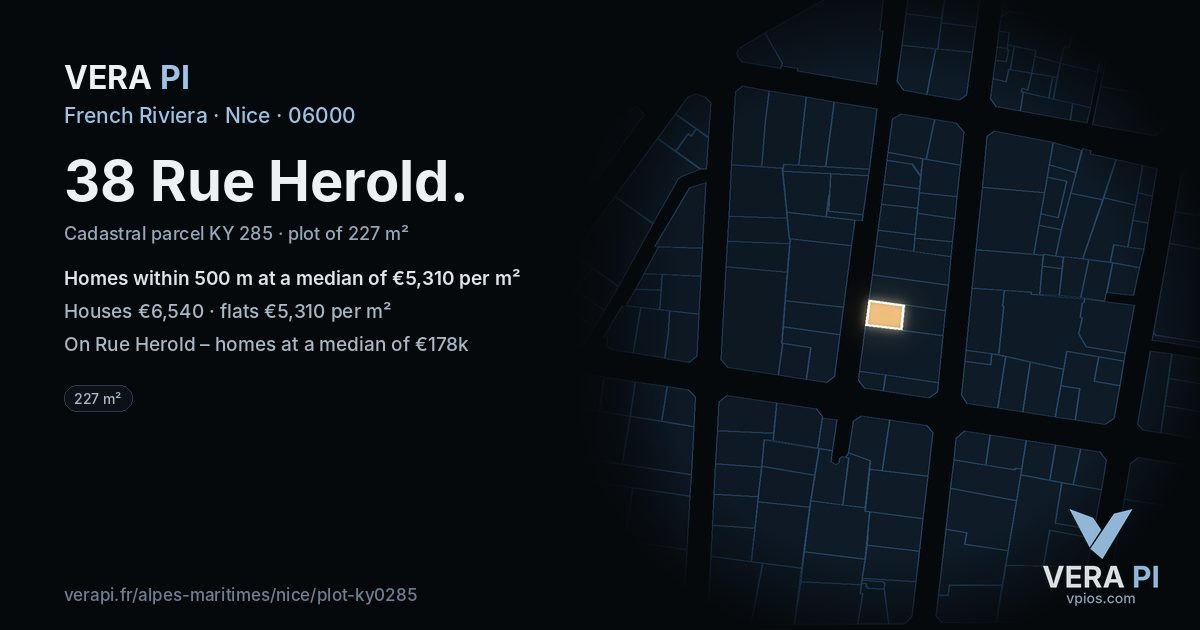 38 Rue Herold, Nice at night – the plot lit, the parcels around coloured by the prices near them