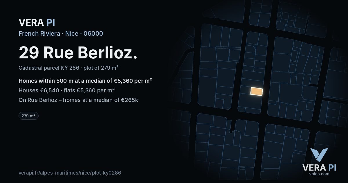 29 Rue Berlioz, Nice at night – the plot lit, the parcels around coloured by the prices near them