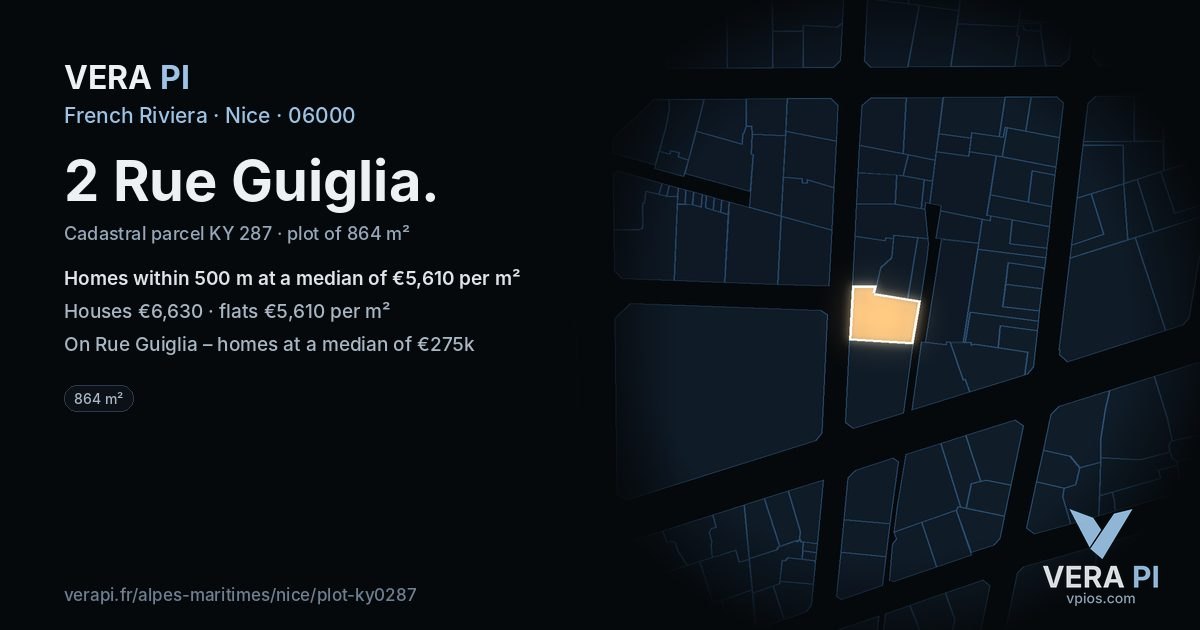 2 Rue Guiglia, Nice at night – the plot lit, the parcels around coloured by the prices near them