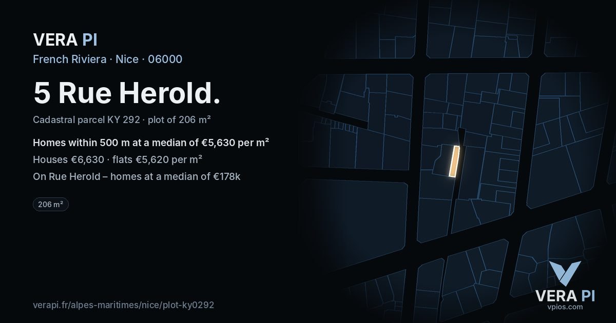 5 Rue Herold, Nice at night – the plot lit, the parcels around coloured by the prices near them