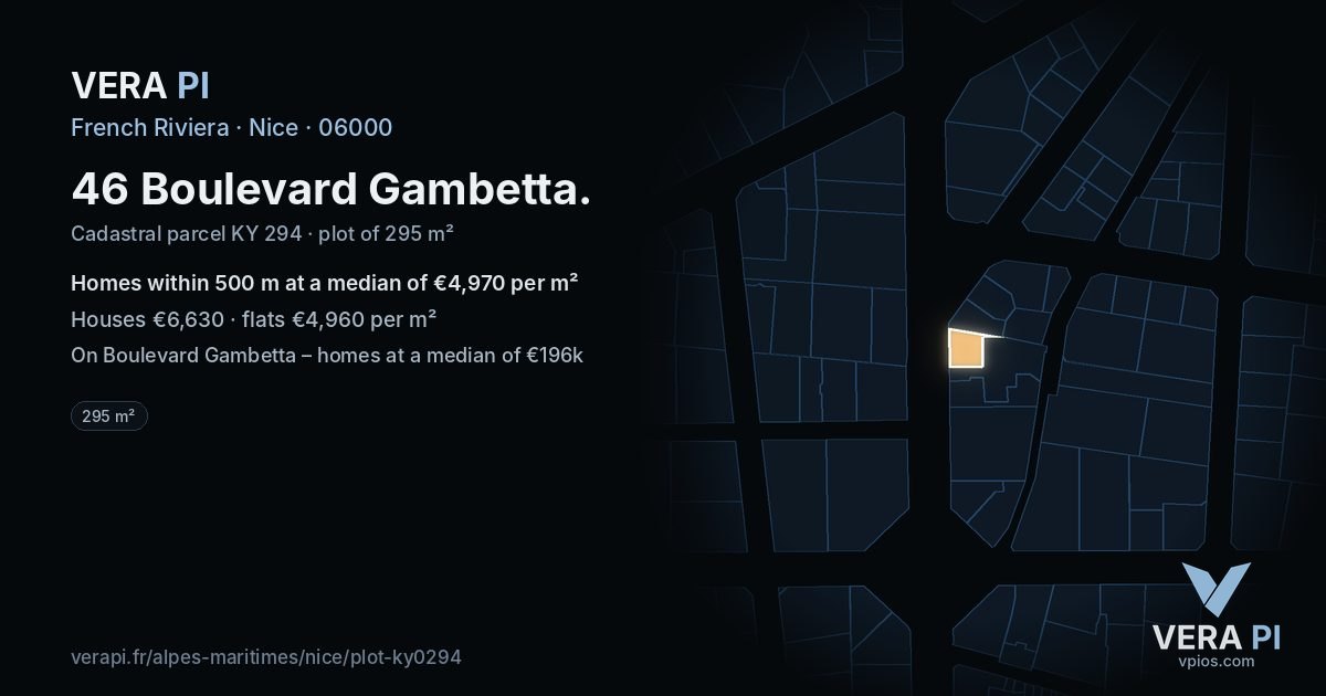 46 Boulevard Gambetta, Nice at night – the plot lit, the parcels around coloured by the prices near them