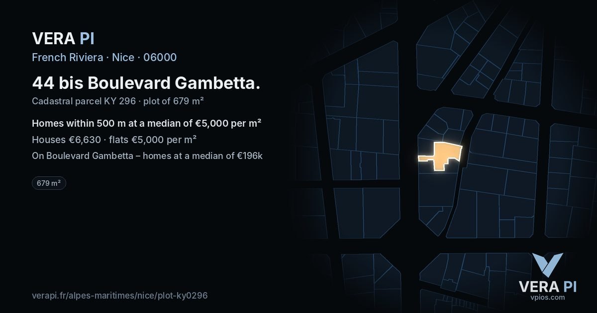 44 bis Boulevard Gambetta, Nice at night – the plot lit, the parcels around coloured by the prices near them