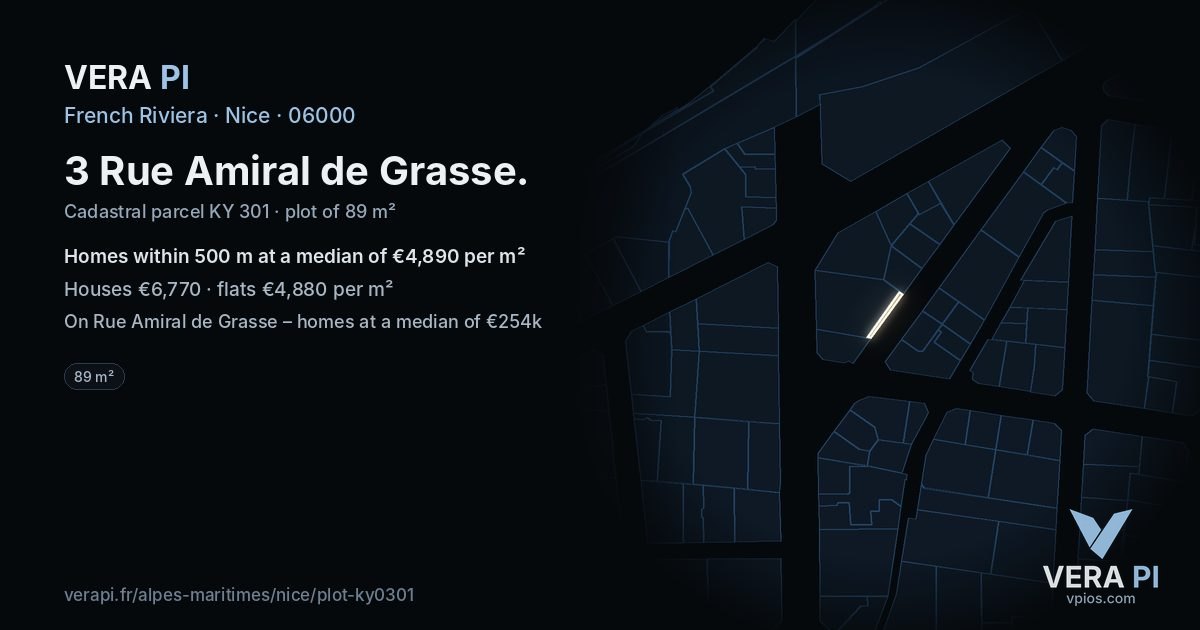 3 Rue Amiral de Grasse, Nice at night – the plot lit, the parcels around coloured by the prices near them