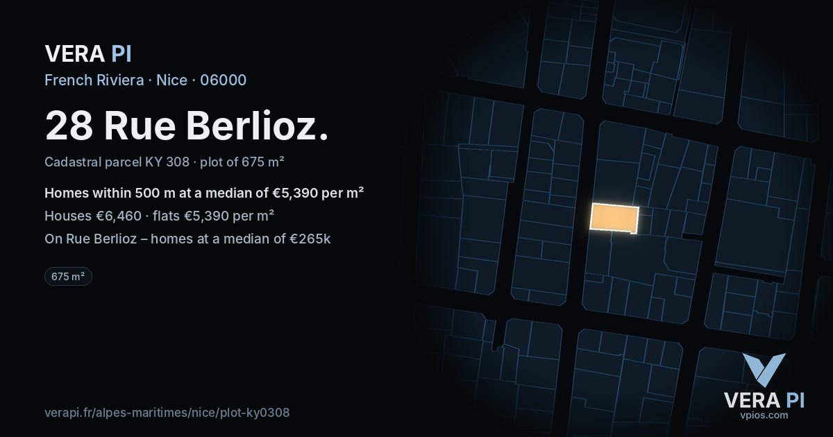 28 Rue Berlioz, Nice at night – the plot lit, the parcels around coloured by the prices near them