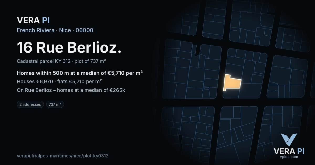 16 Rue Berlioz, Nice at night – the plot lit, the parcels around coloured by the prices near them
