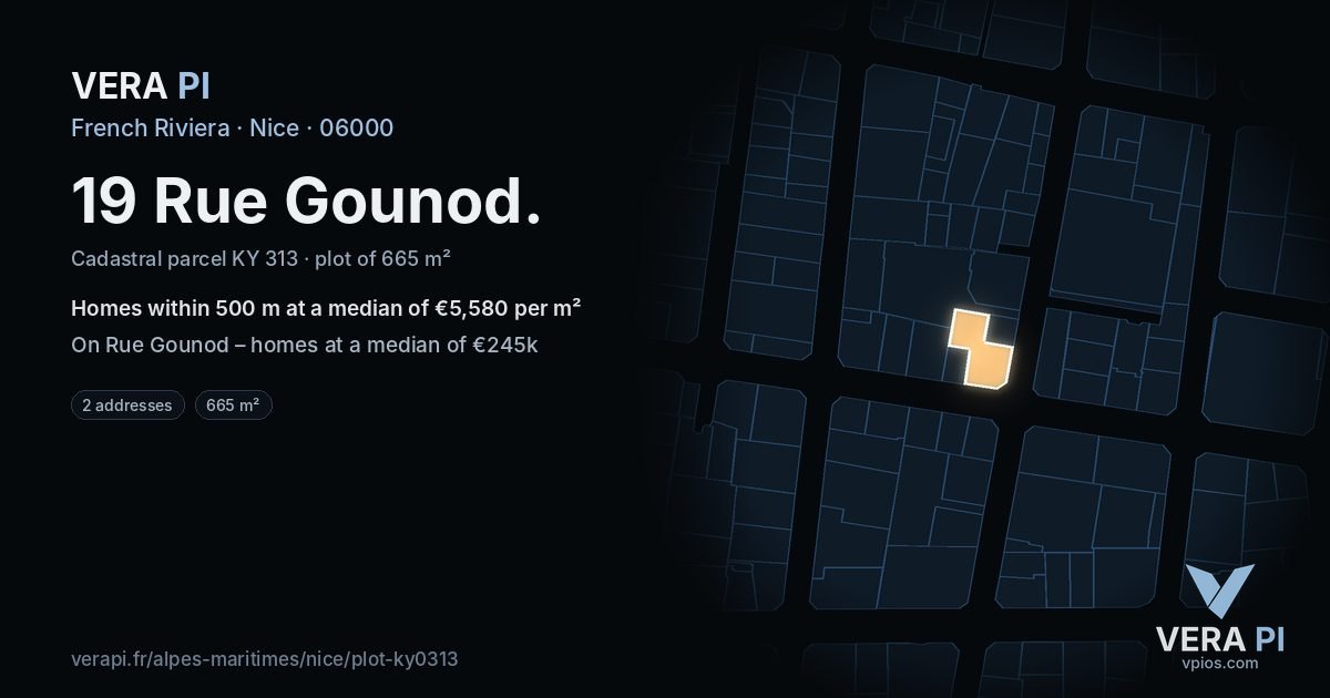 19 Rue Gounod, Nice at night – the plot lit, the parcels around coloured by the prices near them