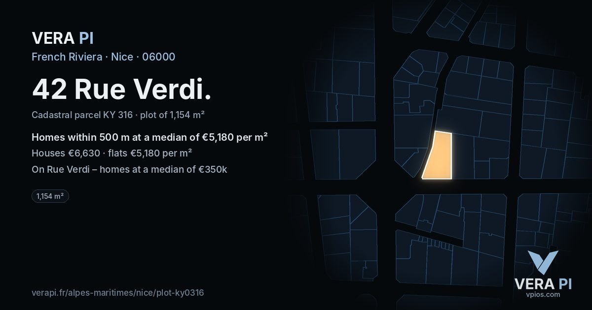42 Rue Verdi, Nice at night – the plot lit, the parcels around coloured by the prices near them