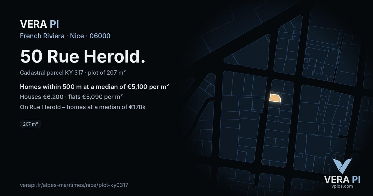 50 Rue Herold, Nice at night – the plot lit, the parcels around coloured by the prices near them
