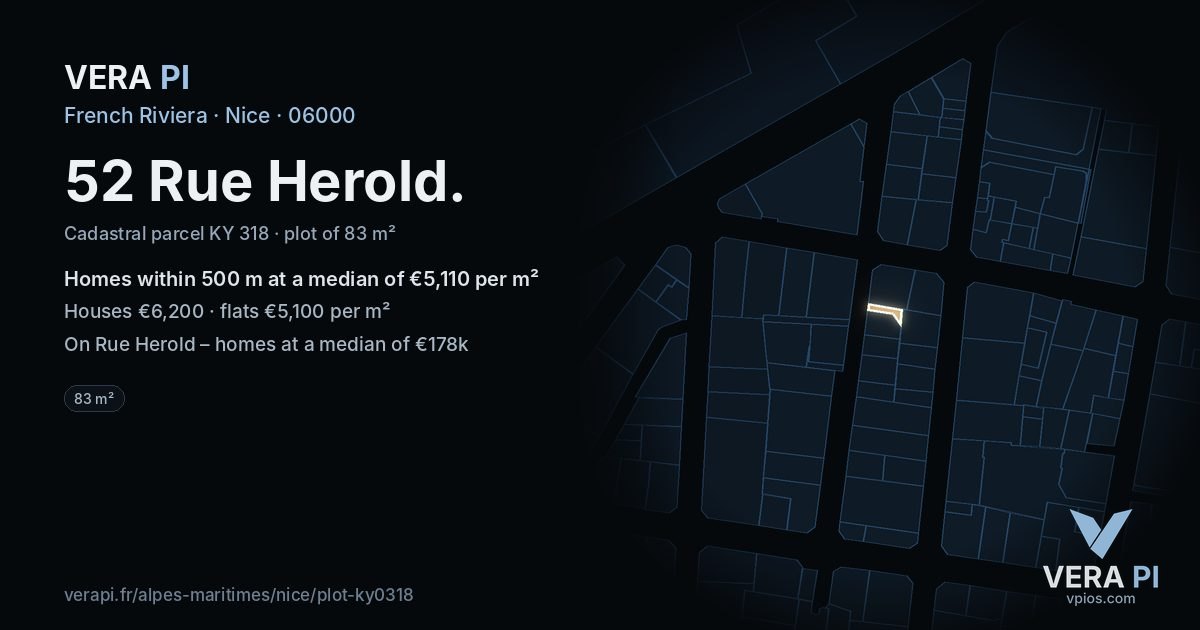 52 Rue Herold, Nice at night – the plot lit, the parcels around coloured by the prices near them