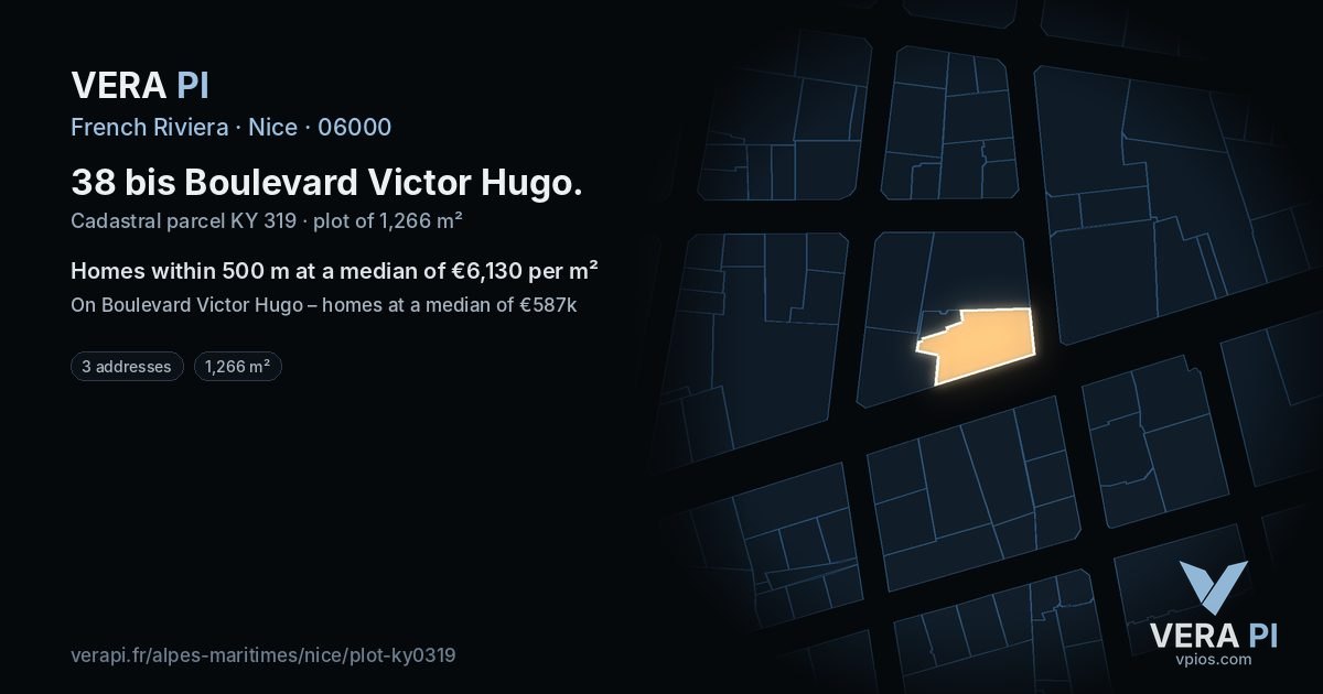 38 bis Boulevard Victor Hugo, Nice at night – the plot lit, the parcels around coloured by the prices near them