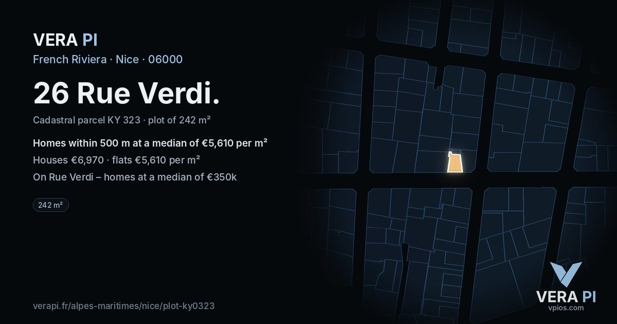 26 Rue Verdi, Nice at night – the plot lit, the parcels around coloured by the prices near them