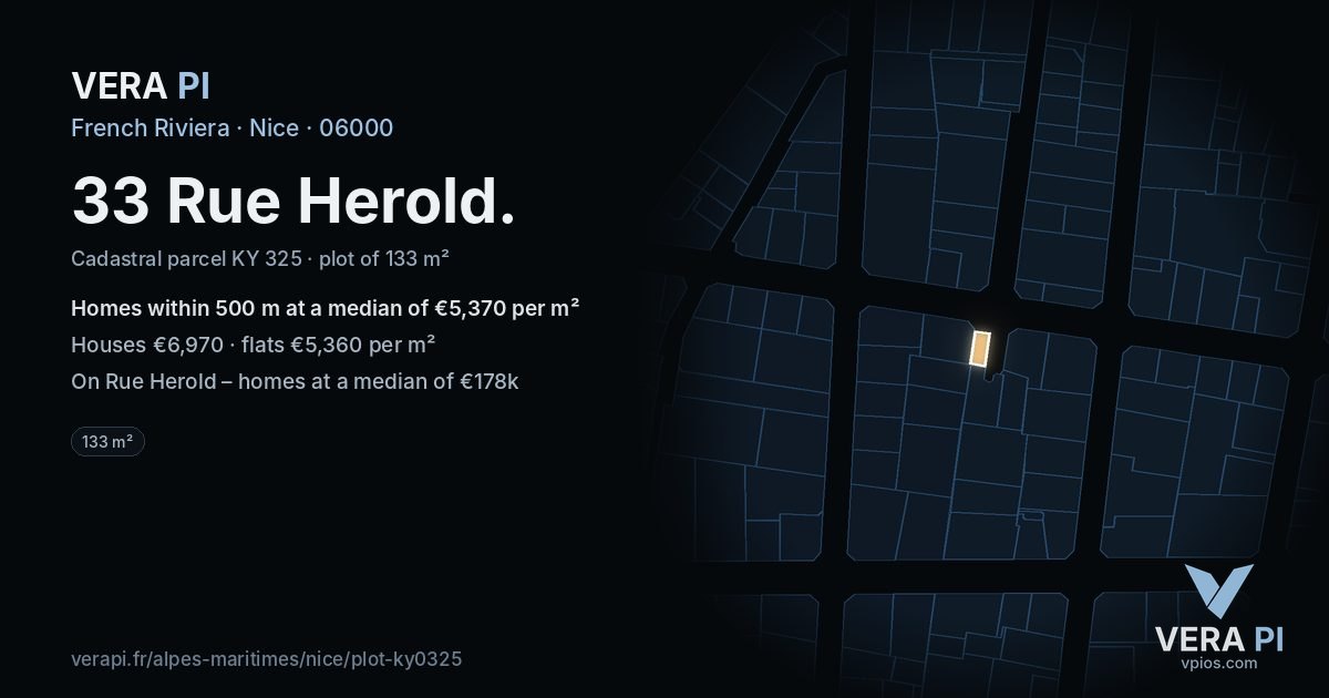 33 Rue Herold, Nice at night – the plot lit, the parcels around coloured by the prices near them