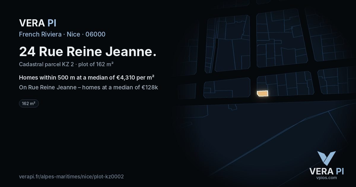 24 Rue Reine Jeanne, Nice at night – the plot lit, the parcels around coloured by the prices near them