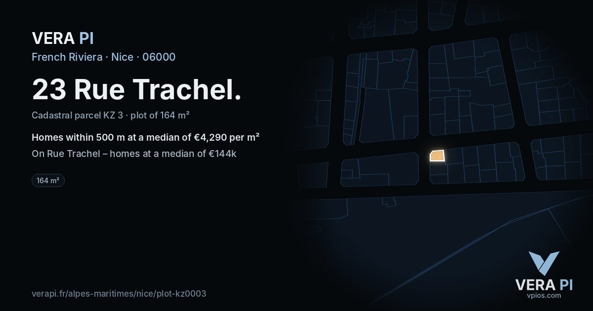 23 Rue Trachel, Nice at night – the plot lit, the parcels around coloured by the prices near them