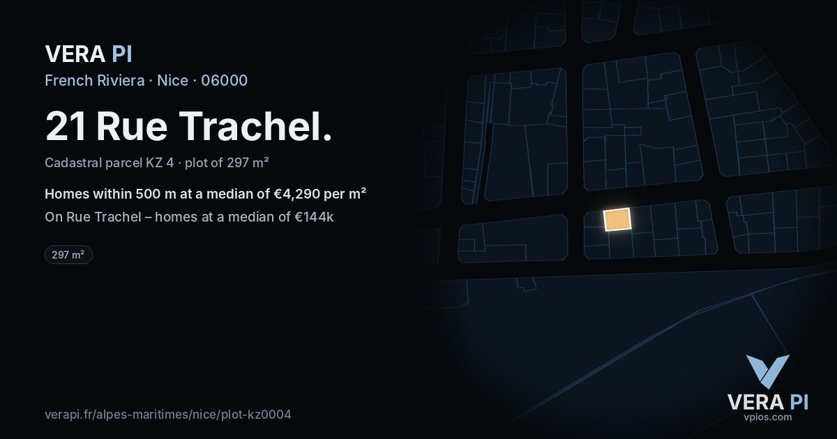 21 Rue Trachel, Nice at night – the plot lit, the parcels around coloured by the prices near them