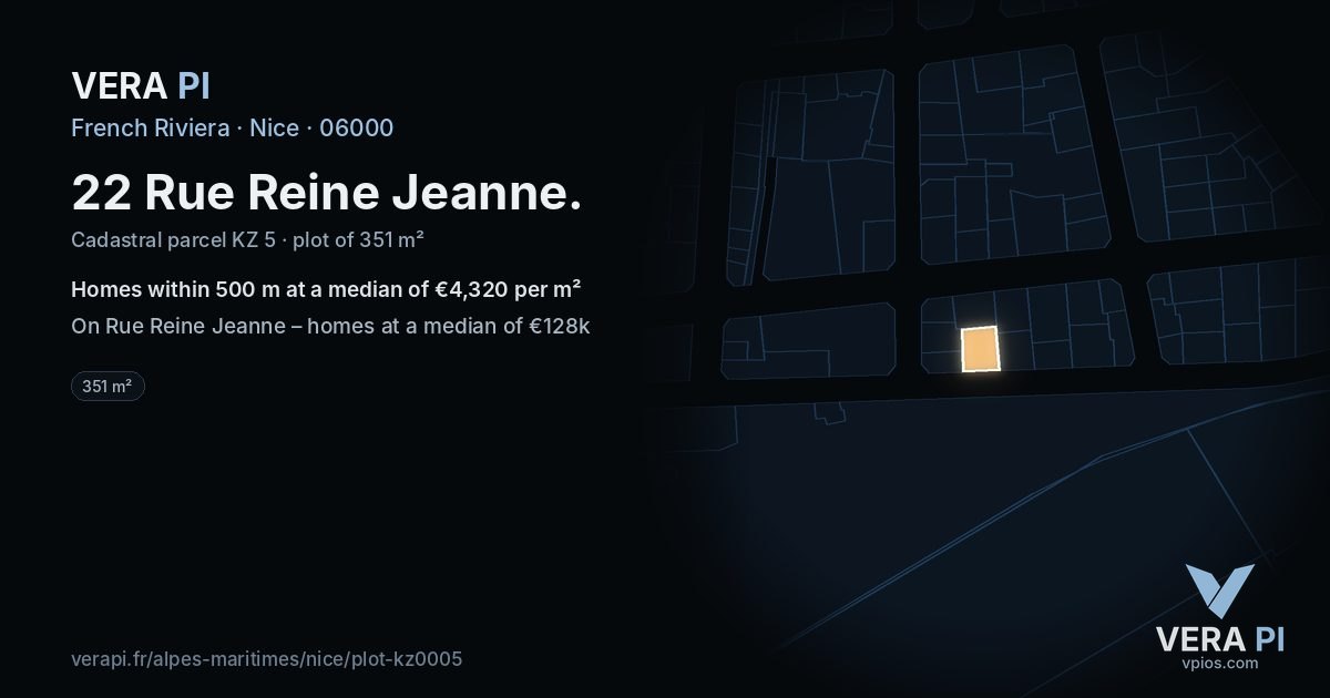 22 Rue Reine Jeanne, Nice at night – the plot lit, the parcels around coloured by the prices near them