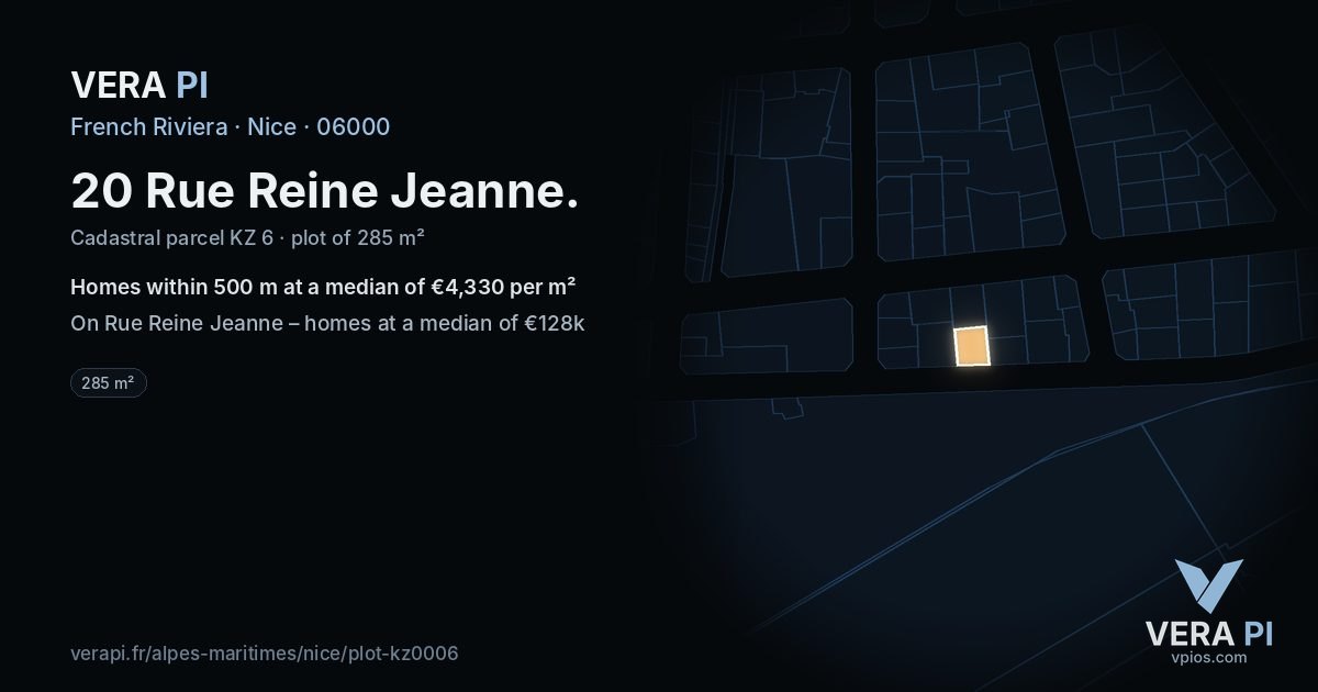20 Rue Reine Jeanne, Nice at night – the plot lit, the parcels around coloured by the prices near them