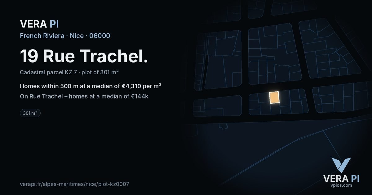 19 Rue Trachel, Nice at night – the plot lit, the parcels around coloured by the prices near them