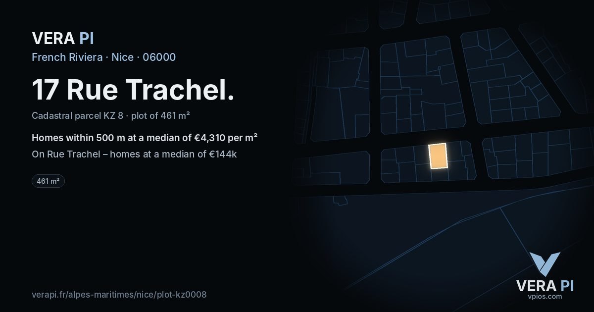 17 Rue Trachel, Nice at night – the plot lit, the parcels around coloured by the prices near them