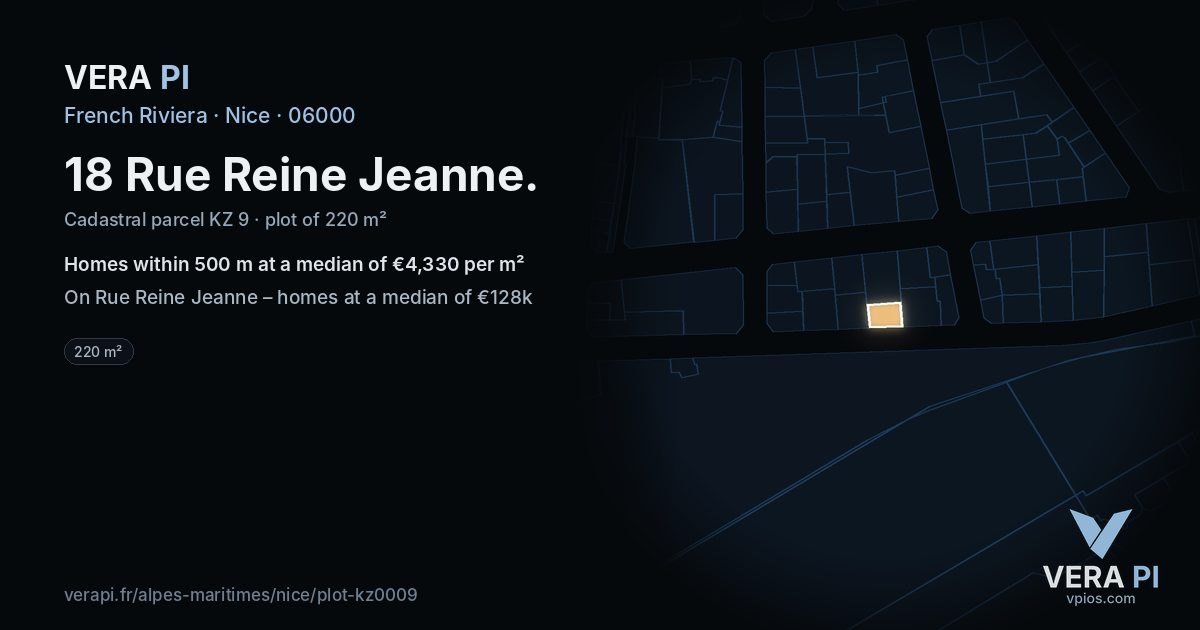 18 Rue Reine Jeanne, Nice at night – the plot lit, the parcels around coloured by the prices near them