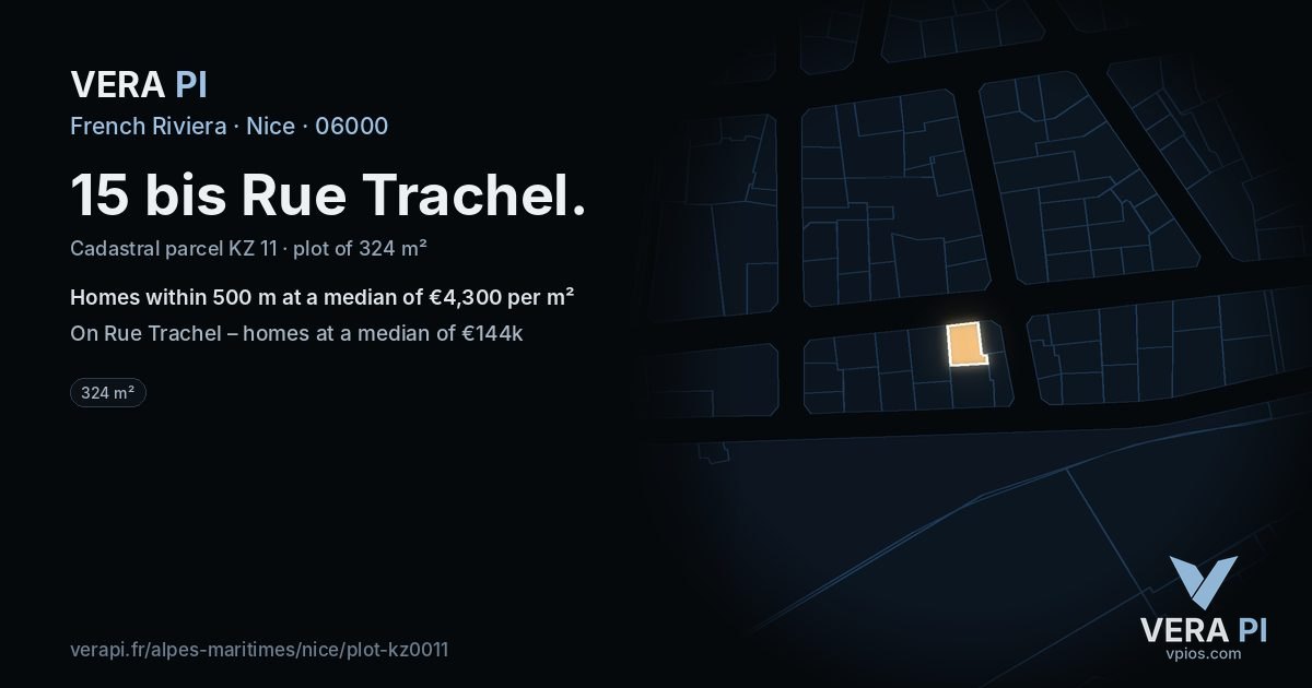 15 bis Rue Trachel, Nice at night – the plot lit, the parcels around coloured by the prices near them