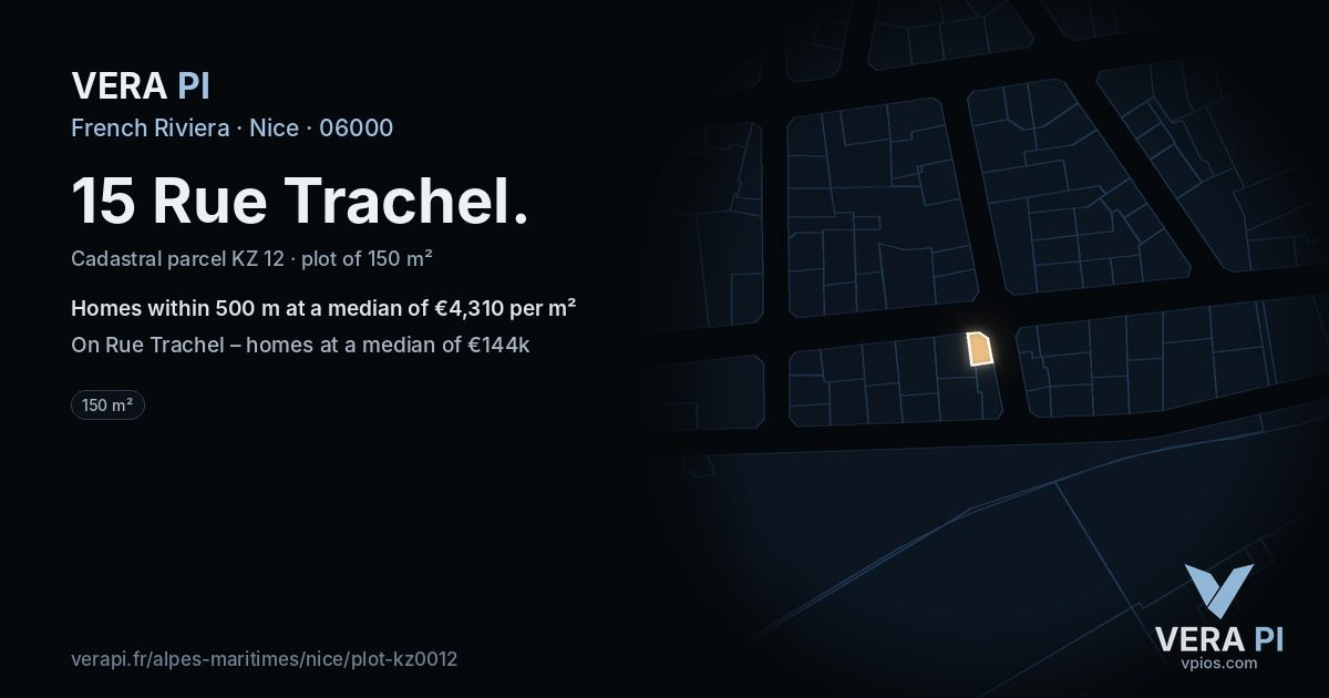 15 Rue Trachel, Nice at night – the plot lit, the parcels around coloured by the prices near them