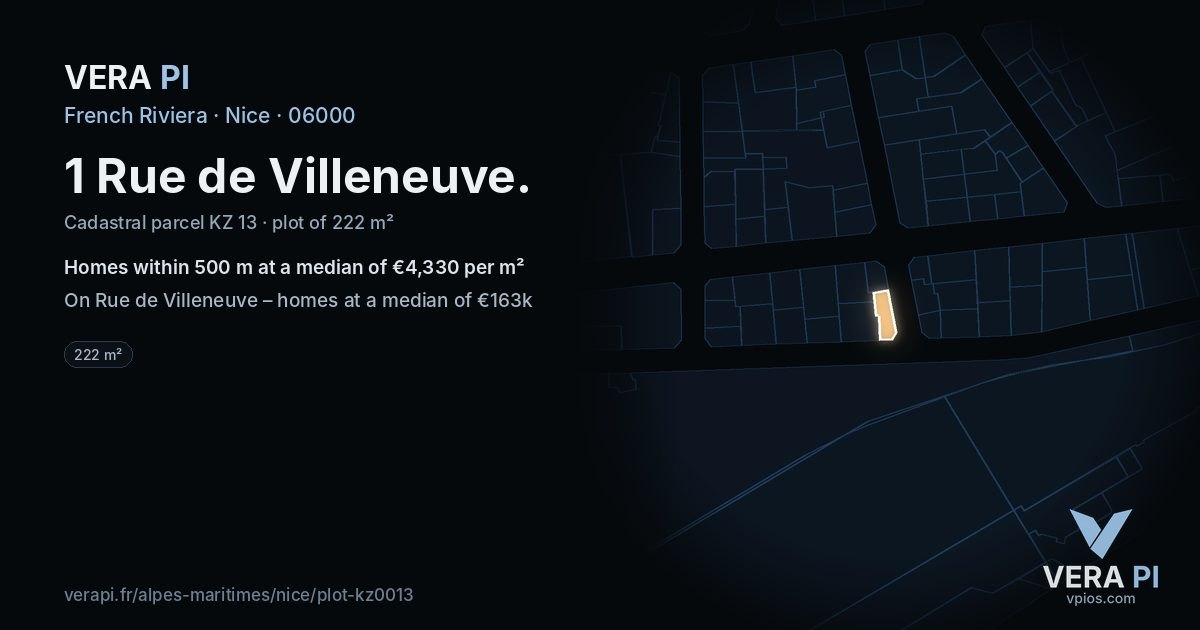 1 Rue de Villeneuve, Nice at night – the plot lit, the parcels around coloured by the prices near them