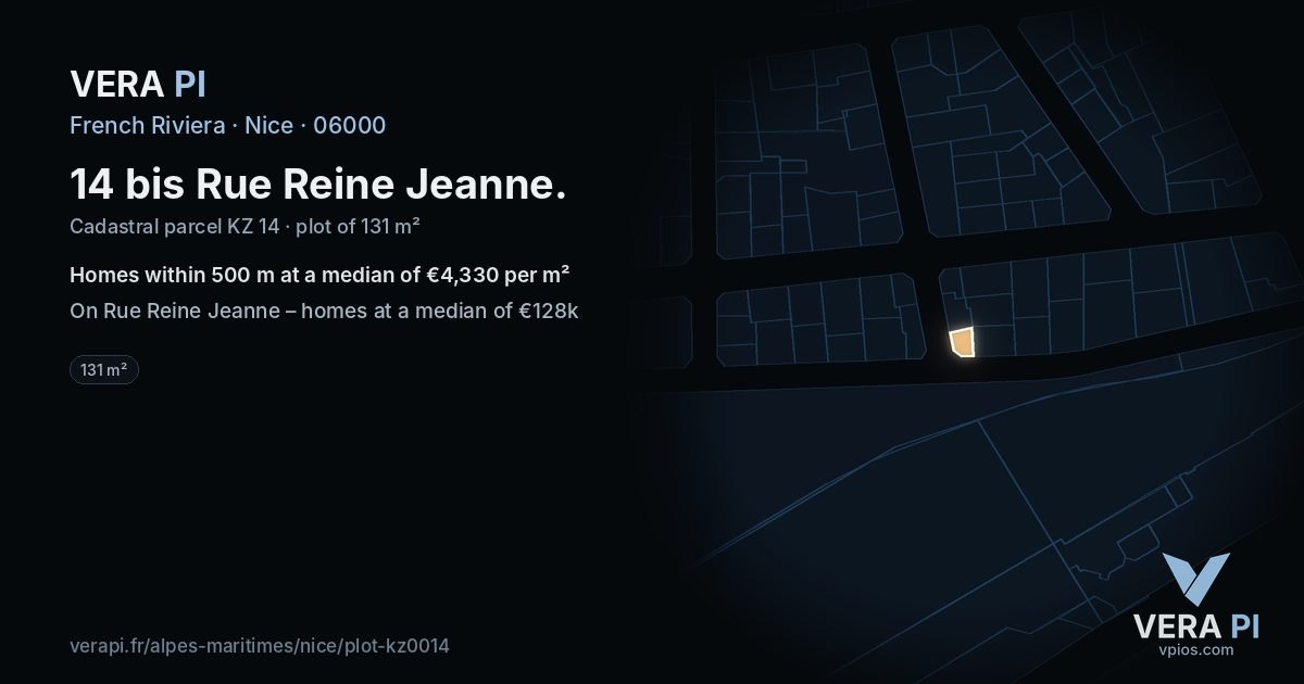 14 bis Rue Reine Jeanne, Nice at night – the plot lit, the parcels around coloured by the prices near them